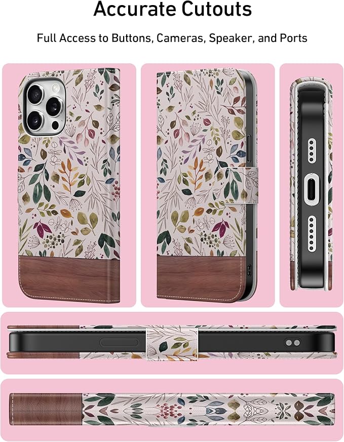 DEENAKIN for iPhone 15 Pro Max Wallet Case with Card Holder + Cash Clip, RFID-Blocking, Military-Grade Drop Protection, Magnetic Closure with Leather Kickstand - Vibrant Foliage