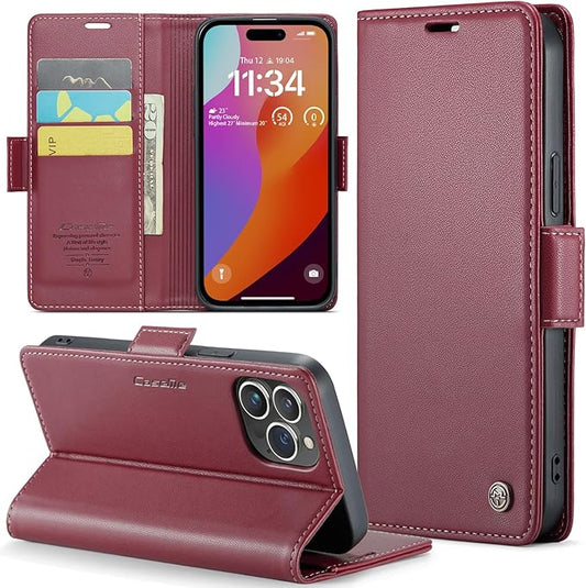 for iPhone 15 Pro Case, Premium PU Leather Wallet Case Flip Cover with [RFID Blocking][Card Holder][Stand Function] Shockproof Protective for iPhone 15 Pro, Red