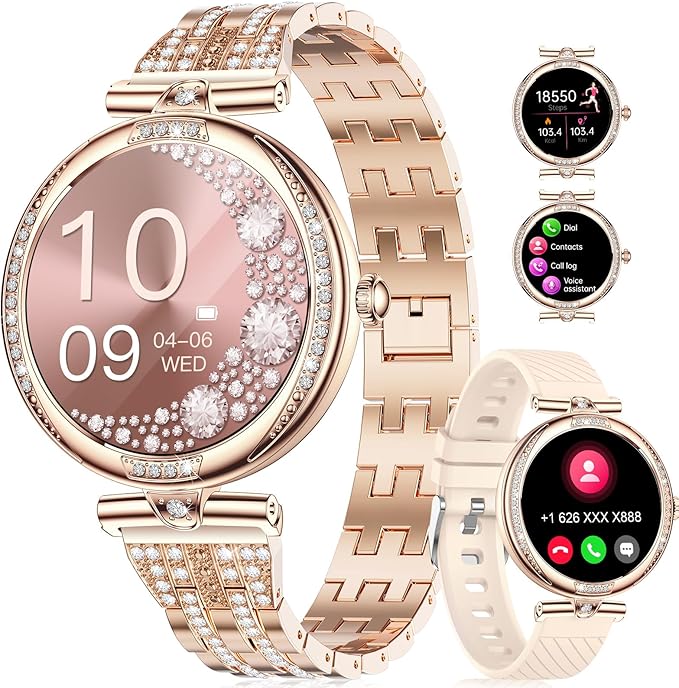 LIGE Smart Watches for Women (Answer/Make Call) with Diamonds，1.19” AMOLED Smartwatch with Heart Rate/SpO2/Sleep Monitor,IP68 Waterproof Fitness Tracker 111 Sport Modes Pedometer for Android iOS,Gold