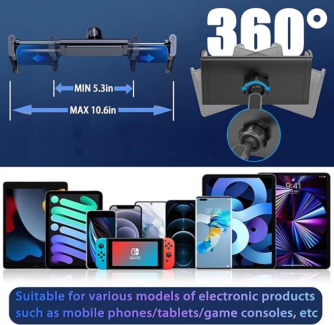 Car Tablet Holder for Backseat, for ipad Headrest Mount, Car Mount for Back Seat with 360°Rotating, [3 in 1 Extension Arm] 5.3-10.6", Fit Larger Tablet (If Short Side ≤10.6") - Black