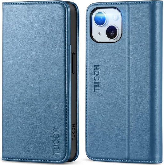 TUCCH Case for iPhone 15 Wallet Case 6.1", Kickstand PU Leather Folio Cover with RFID Blocking 3 Card Slots, Stand Book Design [Shockproof TPU Interior Case] Compatible with iPhone 15 2023, Light Blue
