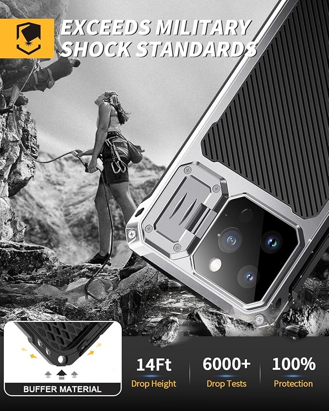 Lanhiem for iPhone 14 Pro Max Metal Case, [Built-in Camera Kickstand & Glass Screen Protector] Protective Heavy Duty Full Body Military Rugged Shockproof Magnetic Cover (Silver)