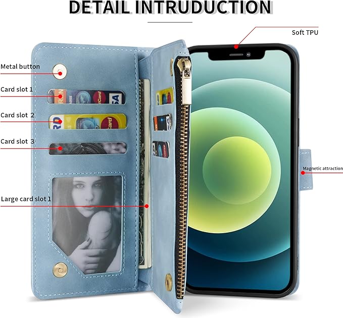 ZZXX for iPhone 12 Mini Wallet Case with Card Slot Premium Soft PU Leather Zipper Flip Folio Wallet with Wrist Strap Kickstand Protective for iPhone 12 Mini Case Wallet(Light Blue 5.4 inch)