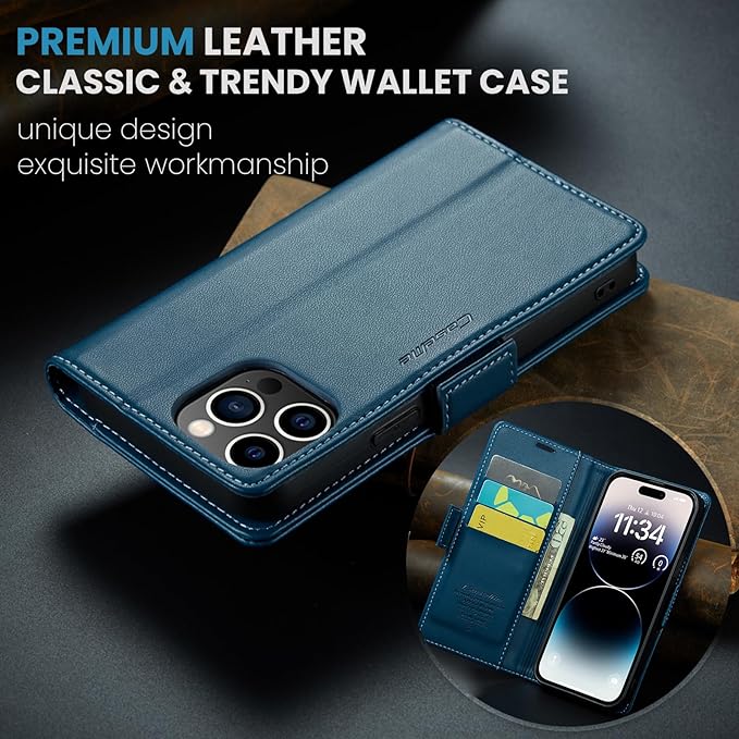 for iPhone 14 Pro Max Case, Premium PU Leather Wallet Case Flip Cover with [RFID Blocking][Card Holder][Stand Function] Shockproof Protective for iPhone 14 Pro Max, Blue