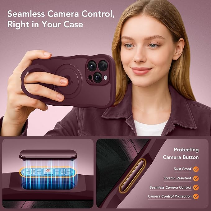 GolbinBox for iPhone 16 Pro Max Case for Women,[Compatible with Magsafe][360° Spin Magnetic Stand][Cute Wave Edge][Military-Grade Protection]Translucent Matte Phone Case for iPhone 16 ProMax, Wine Red