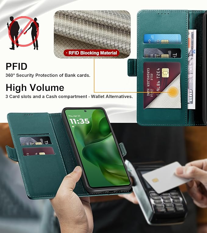 Wallet Flip Case for Moto G Power/Play (2025) - [RFID Blocking] Luxury PU Leather Card Holder Magnetic Phone Cover with Kickstand,Shockproof Protective Case,Green