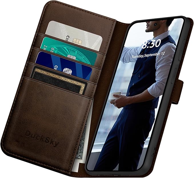 Compatible with Samsung Galaxy S25 Genuine Leather Wallet case【RFID Blocking】【4 Credit Card Holder】【Real Leather】 Flip Folio Book Phone case Cover Women Men for Samsung S25 case Brown