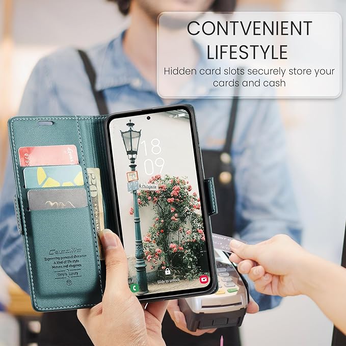 for Samsung Galaxy A55 5G Case, Premium PU Leather Wallet Case Flip Cover with [RFID Blocking][Card Holder][Stand Function] Shockproof Protective for Samsung Galaxy A55, Blue-Green