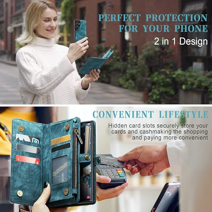 SZHAIYU 2 in 1 Detachable for Samsung Galaxy S23 Ultra Wallet Case with Card Holder, Retro Premium Flip Leather Cover Magnetic Zipper Pocket Phone Cases 6.8'' (Blue,S23 Ultra)