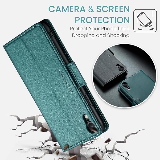 for iPhone XR Case, Premium PU Leather Wallet Case Flip Cover with [RFID Blocking][Card Holder][Stand Function] Shockproof Protective for Apple iPhone XR, Blue-Green