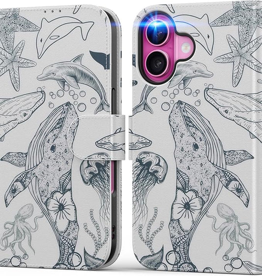DEENAKIN for iPhone 16 Wallet Case with Card Holder + Cash Clip, RFID-Blocking, Military-Grade Drop Protection, Magnetic Closure with Leather Kickstand - Dynamic Marine Life