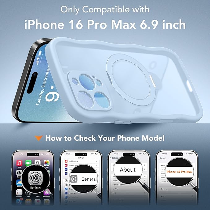 for iPhone 16 Pro Max Case for Women,[Compatible with Magsafe][360° Spin Magnetic Stand][Cute Wave Edge][Military-Grade Protection]Translucent Matte Phone Case for iPhone 16 ProMax, Baby Blue