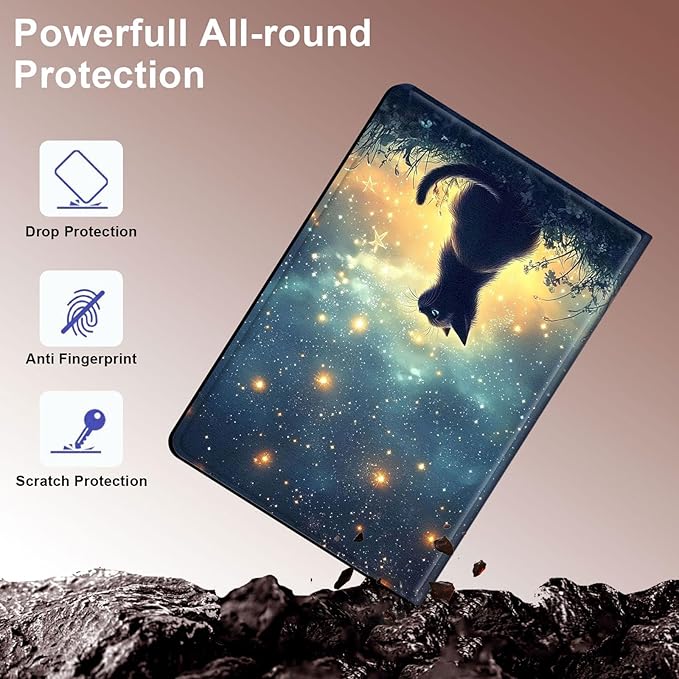 Case for Samsung Galaxy Tab S10 Plus/ S9 FE Plus/ S9 Plus 5G Tablet 12.4'', Slim PU Leather Stand Cover with Auto Wake/Sleep, Multi-Angle Viewing & Shockproof, Black Cat Sky