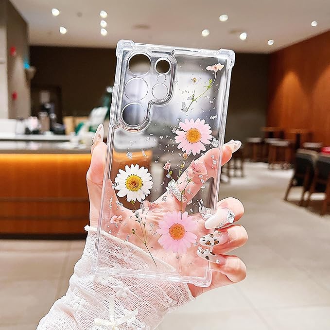 Compatible with Samsung Galaxy S23 Ultra Case Cute Pressed Dried Real Flowers Design Women Girly Shockproof Glitter Floral Clear Phone Cover S23 Ultra (Pink Flower)