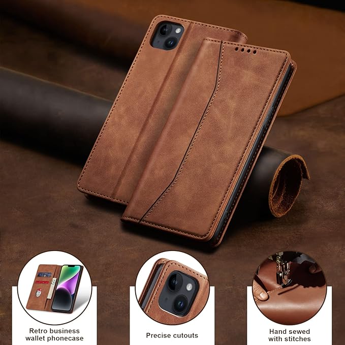Jasonyu Flip Wallet Case for iPhone 14 Plus 5G,Leather Magnetic Folio Cover with Card Holder,Kickstand - TPU Shockproof Durable Protective Phone Case,Brown