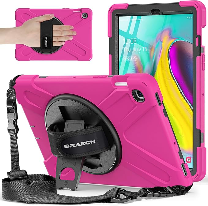 BRAECNstock for Samsung Galaxy Tab S5e Case 10.5 inch 2019 (SM-T720/T725/T727) Shockproof Protective Galaxy Tab S5e Kids Cover with Screen Protector Rotating Stand & Hand Strap Pen Holder - Rose Red