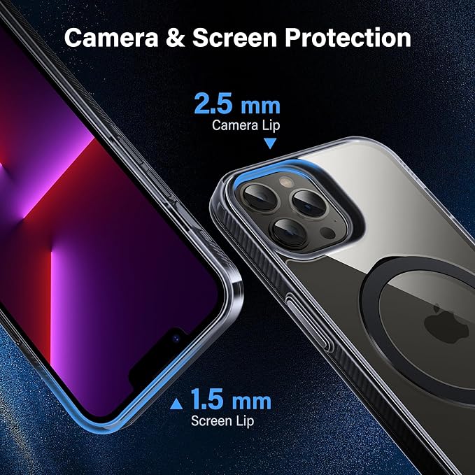 Magnetic Case for iPhone 13 Pro - [Built-in Invisible Stand] [Compatible with MagSafe] [Military Grade Drop Protection] Anti-Yellowing Hard Back Silicone Edge Cover, 6.1", Clear Black