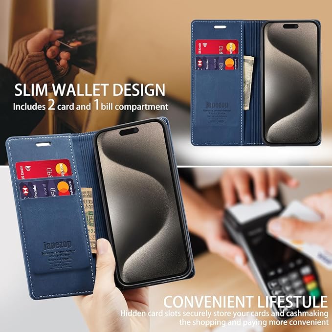 japezop iPhone 15 Pro Max 5G Wallet Case with [RFID Blocking],Card Holder Kickstand Magnetic,Leather Flip Case Wallet for iPhone 15 Pro Max 5G 6.7 Inch(Blue)