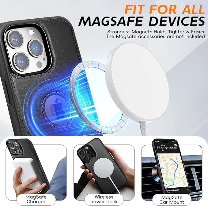 for iPhone 16 Pro Max Leather Wallet Case, Compatible with Magsafe, 2 in 1 Detachable Magnetic Card Holder, RFID Blocking Kickstand Credit Slots Flip Case for Men Women, Black