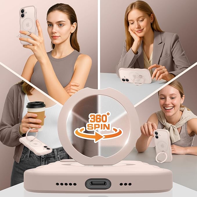 for iPhone 16 Plus Case,[Compatible with Magsafe][360° Spin Magnetic Stand][Military-Grade Protection][Camera Control][Cute Wave Edge] Translucent Matte Women Phone Cover for 16 Plus, Rose Gold