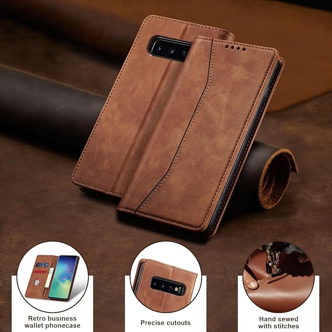 Jasonyu Flip Wallet Case for Samsung Galaxy S10 Plus,Leather Magnetic Folio Cover with Card Holder,Kickstand - TPU Shockproof Durable Protective Phone Case,Brown
