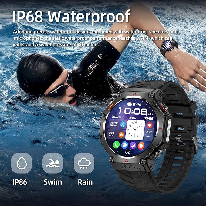 SW8(Black) 1.39" Stylish Smartwatch for Men, Bluetooth Calling, AI Voice Assistant, 107 Sport Modes, 3ATM Waterproof, Fashionable Design, Compatible with Android/iOS