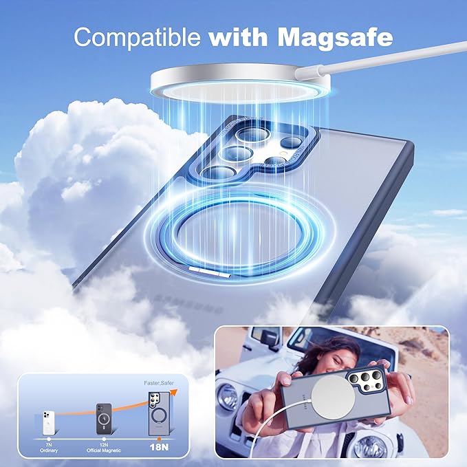 Compatible with Samsung Galaxy S22 & S23 Ultra Case with 360Rotatable Magnetic Ring Stand Compatible with Mag-Safe Military Protection Shockproof Translucent Phone Case,Blue