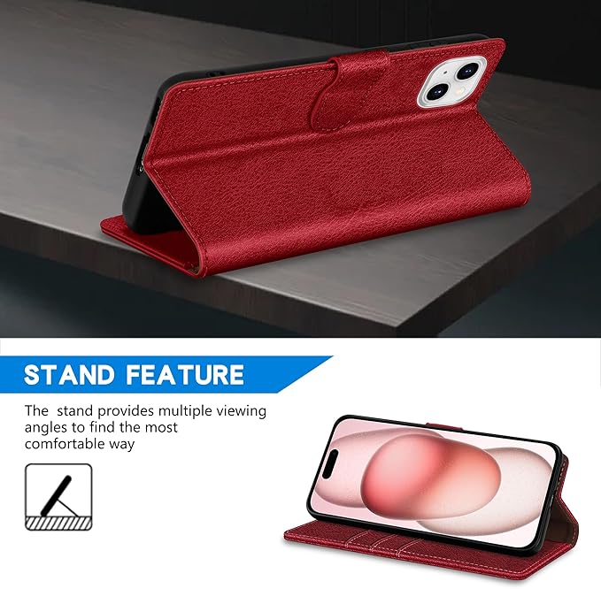 ZZXX for iPhone 15 Wallet Case with [RFID Blocking] Card Slot Kickstand Magnetic Closure Leather Flip Fold Protective Phone Case for iPhone 15 Case Wallet(Red-6.1 inch)
