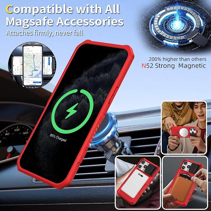 for iPhone 11 Pro Max Case Magnetic Compatible with MagSafe Wireless Charging,Built-in Kickstand,with Camera Cover,with 2 Screen Protectors,Anti-Scratch Shockproof Heavy Duty Protection Red