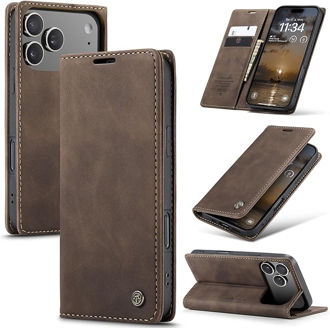 for iPhone 17 Pro Max Case, Flip Wallet Leather Case with Card Holder Magnetic Closure Shockproof Kickstand Protective Phone Cases Cover for iPhone 17 Pro Max, Coffee