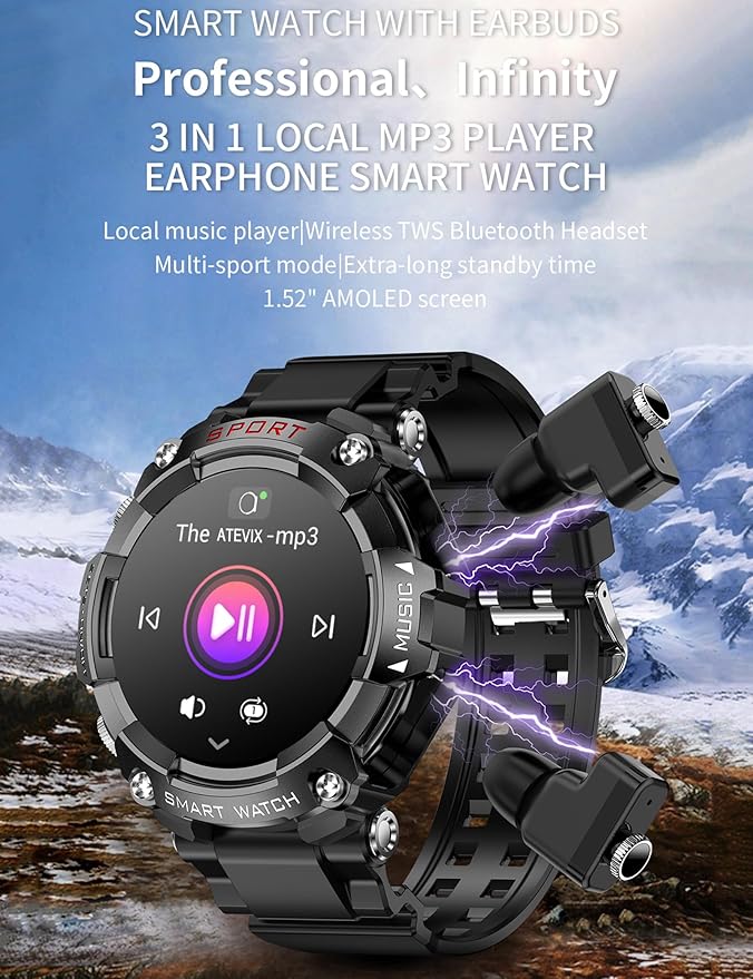 Smart Watch with Earbuds for Men, 1.52 Inch Round Fitness Watch T96, 2 in 1 Bluetooth Watch with Step,Calories, Sports Smart Watch Long Time Standby for iOS & Android