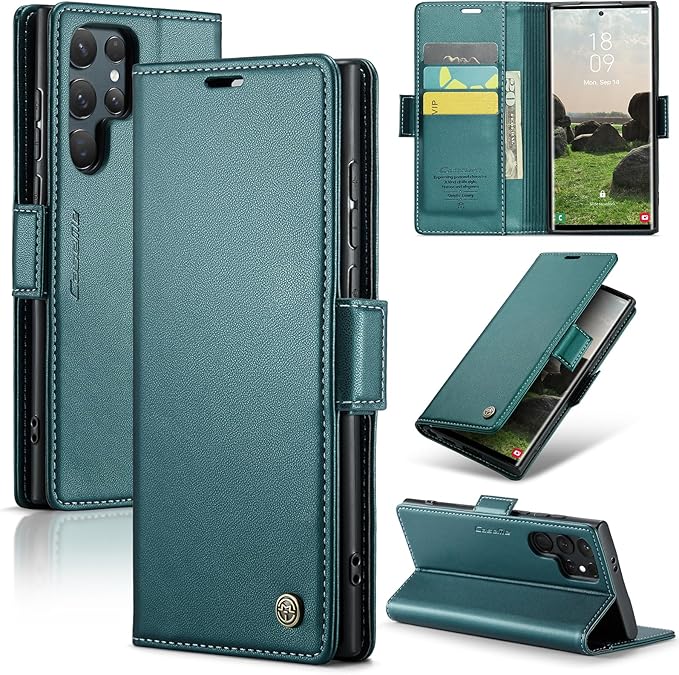 AUPAI for Samsung Galaxy S25 Ultra Wallet Case with Credit Card Holder, PU Leather RFID Blocking Folio Flip Kickstand Magnetic Clasp Protective Phone Cover for Women Men Cyan