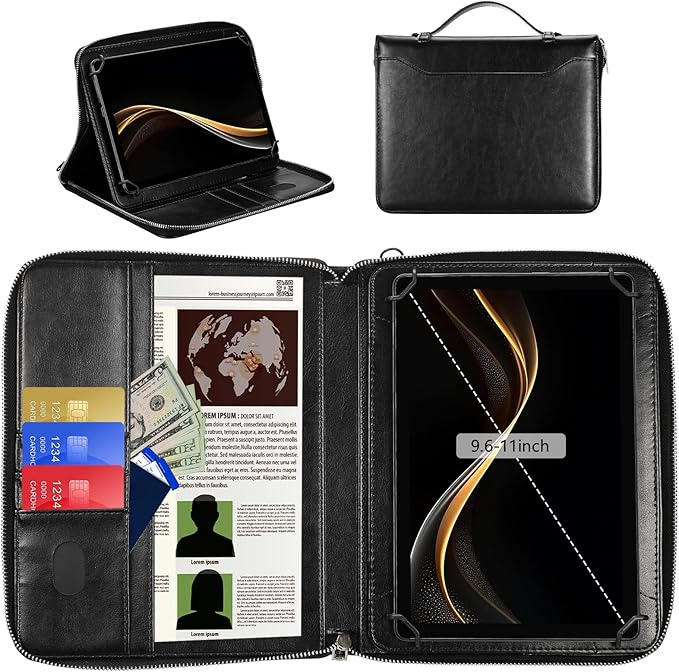 E NET-CASE 9.6-11 Inch Universal Tablet Case with Tri-Angle Adjustable Stand (Vertical/Horizontal), Detachable Shoulder Strap & Document Card Pocket, Premium PU Leather(Black)