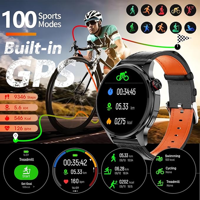 Smart Watches for Men,1.46" Fitness Tracker (Make Calls/Text),GPS and Offline Maps Navigation,5 Satellite Systems,Health,Compass/Altitude/Barometer,100+Sports Mode for Android iOS with 2 Straps