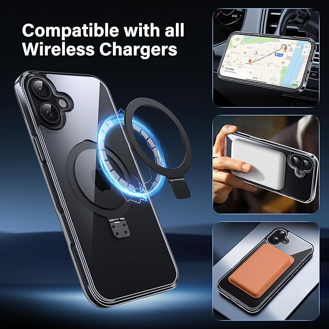 Magnetic Case for iPhone 16 Plus - [Built-in Invisible Stand] [Compatible with MagSafe] [Military Grade Drop Protection] Anti-Yellowing Hard Back Silicone Edge Cover, 6.7", Clear Black