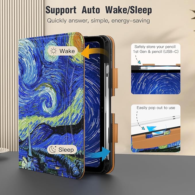 MoKo for iPad (A16) 11th Generation Case 11 inch 2025, iPad 10th Generation Case 10.9" 2022 with Pencil Holder & Pocket, Premium Leather Folio Stand Cover, Multiple Viewing Angles, Starry Night