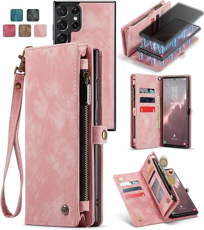 SZHAIYU 2 in 1 Detachable for Samsung Galaxy S23 Ultra Wallet Case with Card Holder, Retro Premium Flip Leather Cover Magnetic Zipper Pocket Phone Cases 6.8'' (Pink,S23 Ultra)