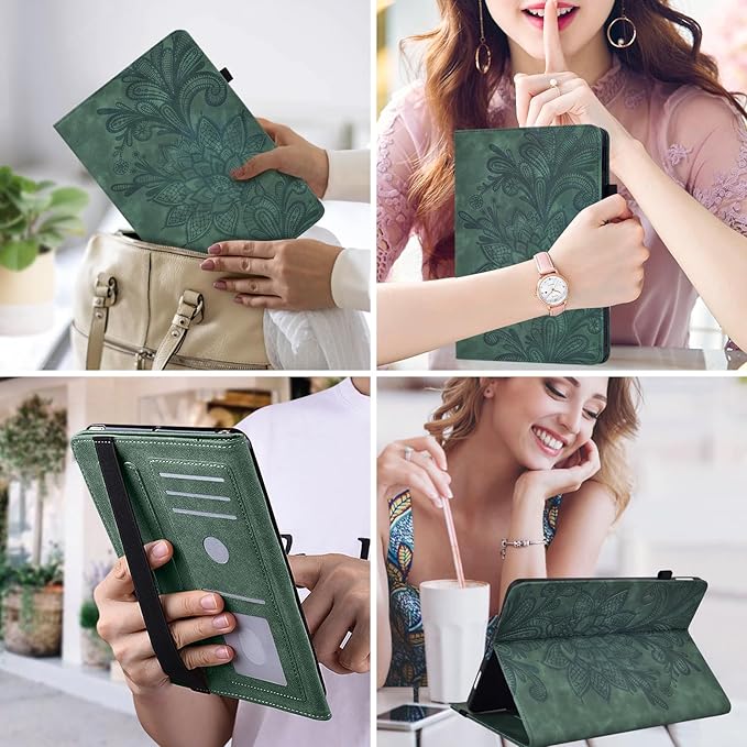Case for Lenovo Tab M10 Plus 3rd Gen 10.6 Inch 2022 (TB125FU/128FU), Embossed Lace PU Leather Flip Folio Tablet Case with Elastic Band & Card Slots/Holder, Multi-Angle Viewing Stand Cover, Green