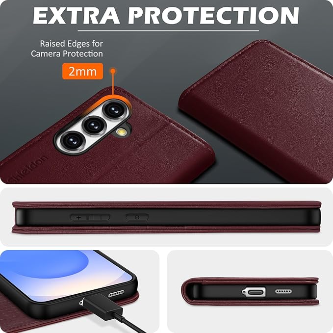 SHIELDON Wallet Case for Galaxy S25 FE 6.7" 2025, Genuine Leather Folio Magnetic Wallet Cover RFID Blocking Credit Card Holder Kickstand Shockproof Case Compatible with Galaxy S25 FE - Nappa Wine Red