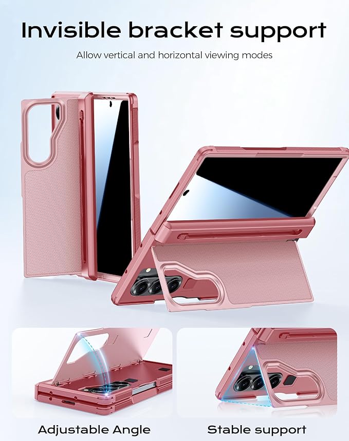 for Galaxy Z Fold 6 Case, S Pen Holder & Privacy Screen Protector & Kickstand & Hinge Protection, Slim Rugged Military-Grade Shockproof Protective Phone Case for Samsung Fold 6 Case (Pink)