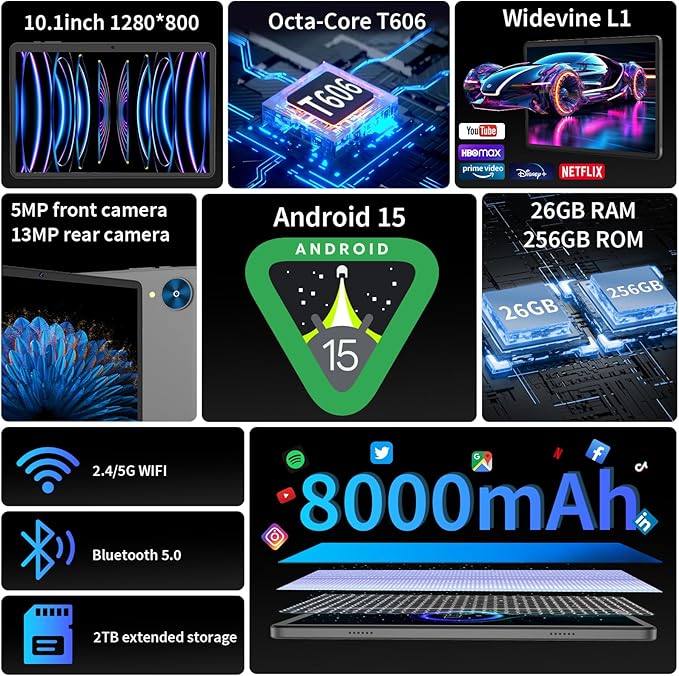 Android 15 Tablet with Keyboard, 26GB+256GB(2TB Expand), 10.1 Inch Tablet 8000 mAh Battery, BT 5.0, 5G WiFi, Widevine L1, Dual Camera, 2 in 1 Tab with Mouse, Case, Stylus(Black Case)