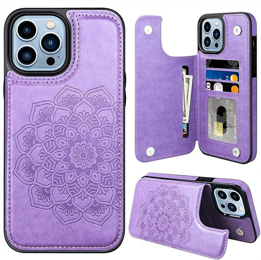 MMHUO for iPhone 14 Pro Max Case with Card Holder,Flower Magnetic Buttons Protective Wallet Case for Women for iPhone 14 Pro Max,Purple