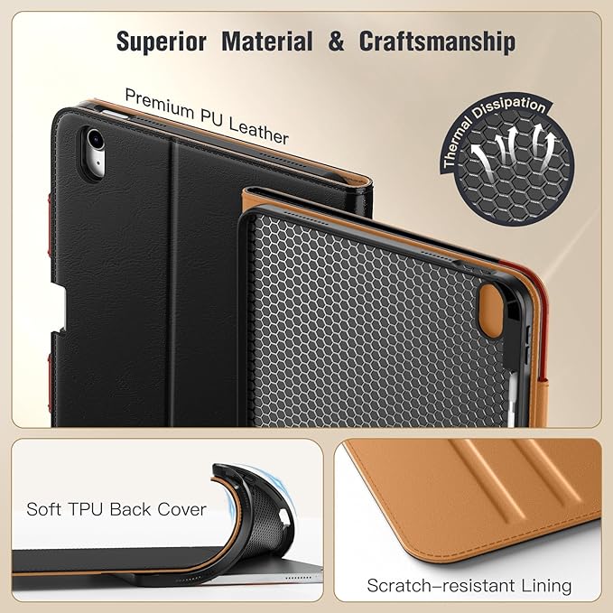 MoKo for iPad (A16) 11th Generation Case 11 inch 2025, iPad 10th Generation Case 10.9" 2022 with Pencil Holder & Pocket, Premium Leather Folio Stand Cover, Multiple Viewing Angles, Black Red Brown