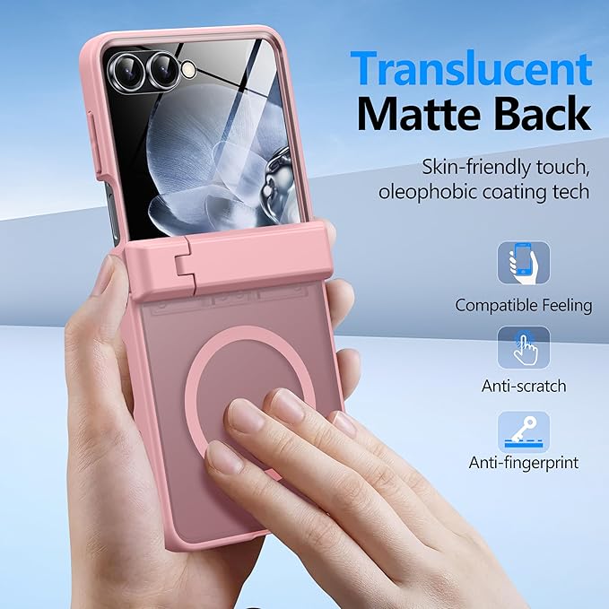 for Samsung Galaxy Z Flip 7 Case Fit for Magsafe [Hinge Protection＆ Kickstand][Built-in Screen Protector][Translucent Matte] 15FT Military Shockproof Full Body Phone Case for Z Flip 7,Pink