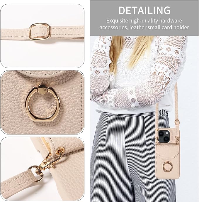 for iPhone 14 6.1 inch Organ Wallet Case with Tempered Glass Screen Ring Buckle Shoulder Strap PU Leather Flip Purse Card Holder Stand Phone Cover for iPhone14 5G i i-Phone i14 14Case White