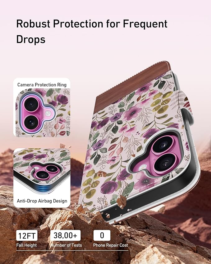 DEENAKIN for iPhone 16 Wallet Case with Card Holder + Cash Clip, RFID-Blocking, Military-Grade Drop Protection, Magnetic Closure with Leather Kickstand - Floral Wallpaper