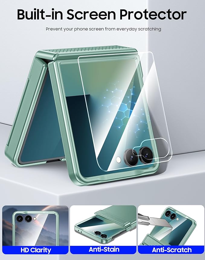 CENMASO for Samsung Galaxy Z Flip 7 Case with Card Holder [RFID Blocking] & Hinge Protection & HD Screen Protector, Rugged Anti-Scratch Full-Body Shockproof Phone Case for Z Flip 7-Mint Green