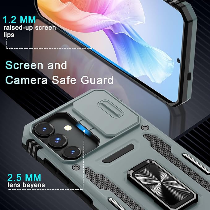 DEERLAMN Case for Samsung Galaxy S25 FE 6.7-Inch with Slide Camera Cover+Screen Protector(1 Pack), Rotated Ring Kickstand Military Grade Shockproof Protective Cover-Grey