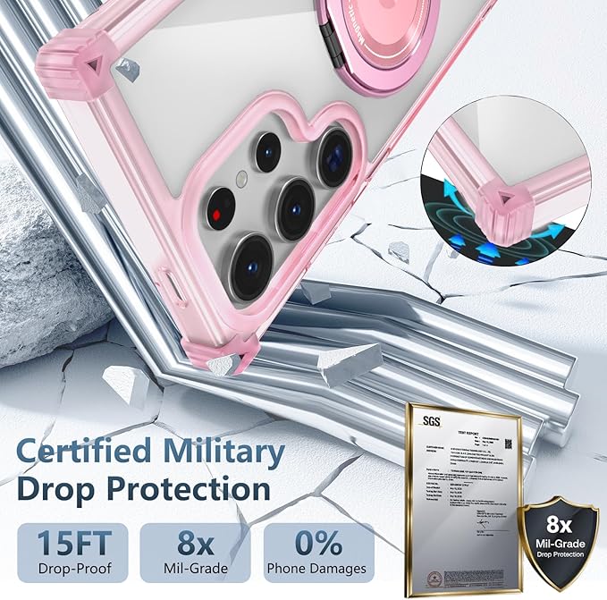 for Samsung Galaxy S24Ultra Case Compatible Wireless Charging Magnetic,with Screen Protector,for S24Ultra Phone Case with Stand Ring Military Grade Shockproof Heavy Duty Protection Green Pink