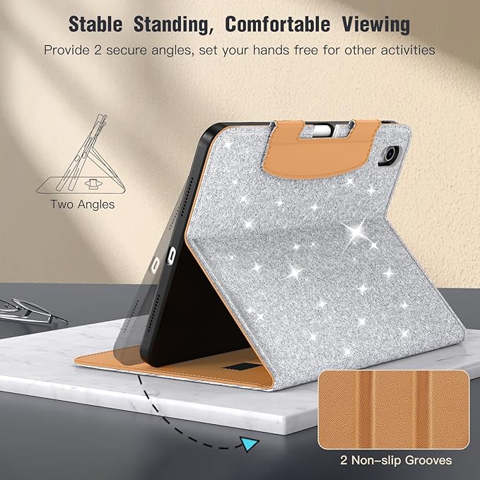 MoKo for iPad (A16) 11th Generation Case 11 inch 2025, iPad 10th Generation Case 10.9" 2022 with Pencil Holder & Pocket, Premium Leather Folio Stand Cover, Multiple Viewing Angles,SparklingWhiteSilver